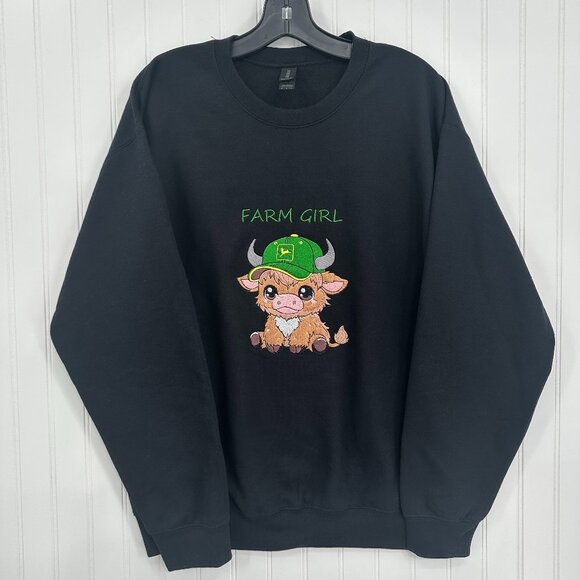 Highland Cow Sweatshirt John Deere Farm Girl Embroidered Adult Unisex Crewneck - Picture 2 of 6